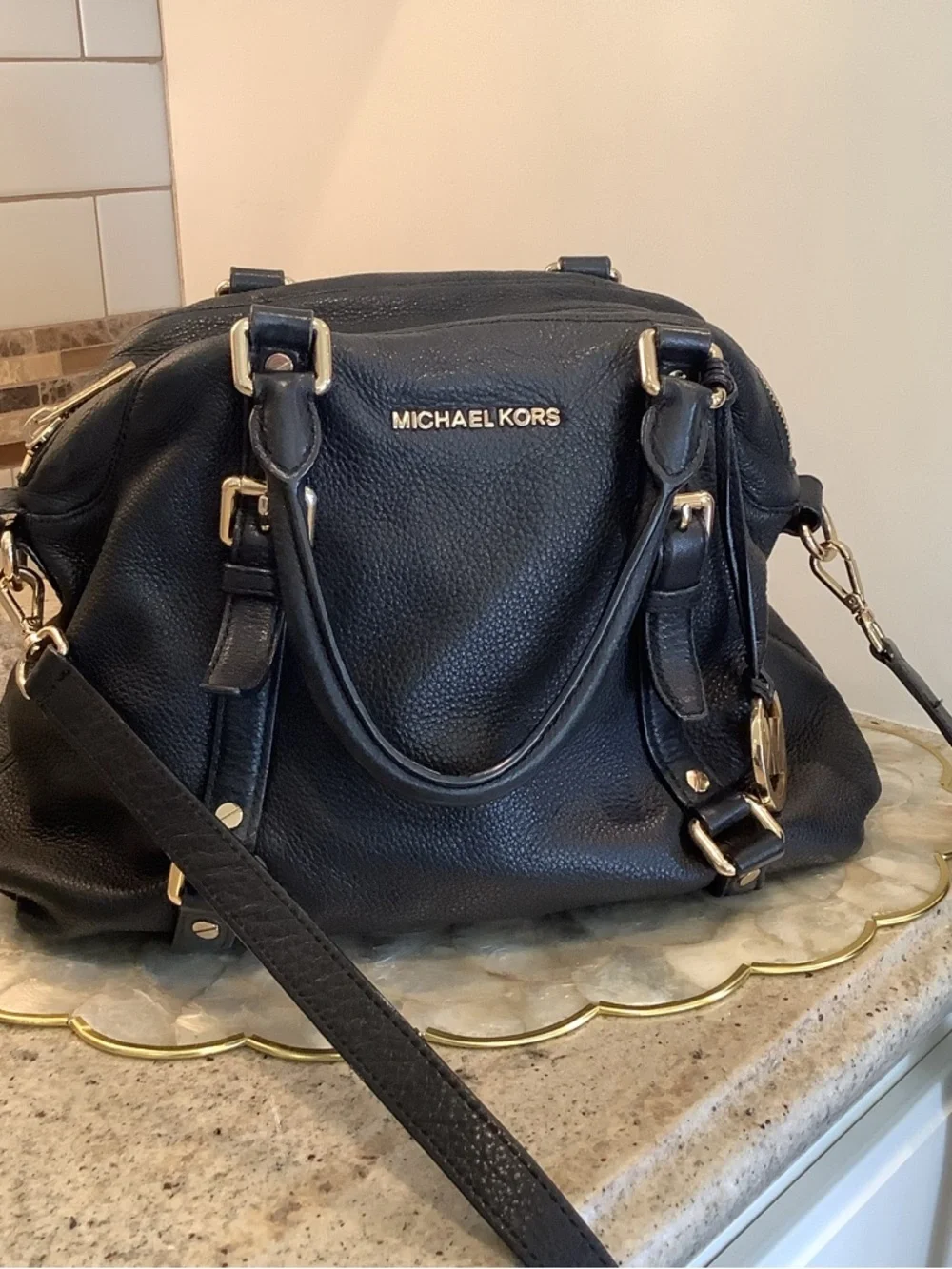 Michael Kors Black Leather Satchel with Gold Hardware
